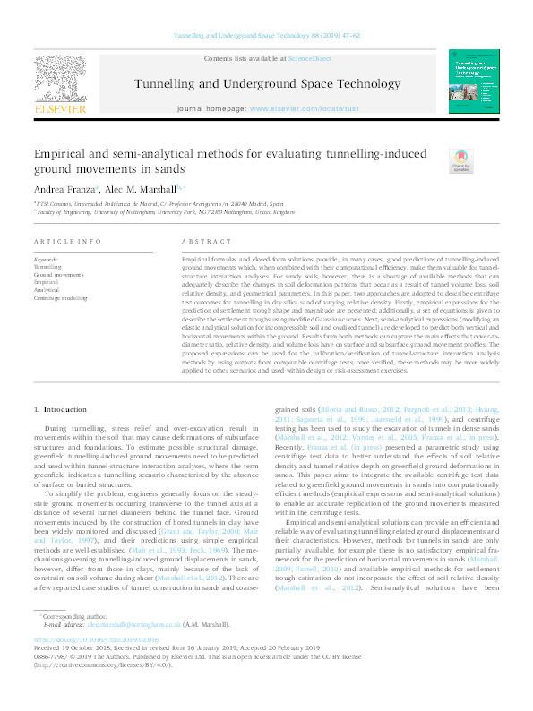 Empirical and semi-analytical methods for evaluating tunnelling-induced ground movements in sands Thumbnail