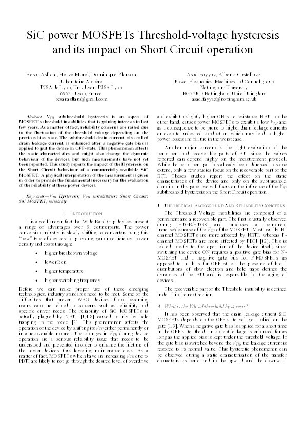 SiC power MOSFETs Threshold-voltage hysteresis and its impact on Short Circuit operation Thumbnail