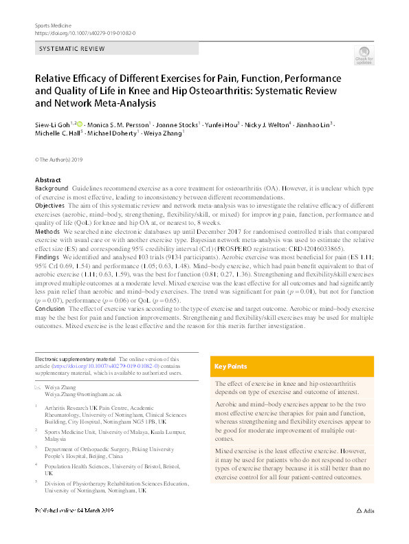 Relative efficacy of different exercises for pain, function, performance and quality of life in knee and hip osteoarthritis: systematic review and network meta-analysis Thumbnail