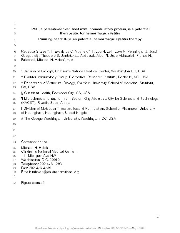 IPSE, a parasite-derived host immunomodulatory protein, is a potential therapeutic for hemorrhagic cystitis Thumbnail