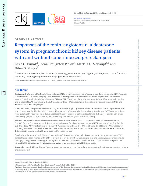 Responses of the renin-angiotensin-aldosterone system in pregnant chronic kidney disease patients with and without superimposed pre-eclampsia Thumbnail