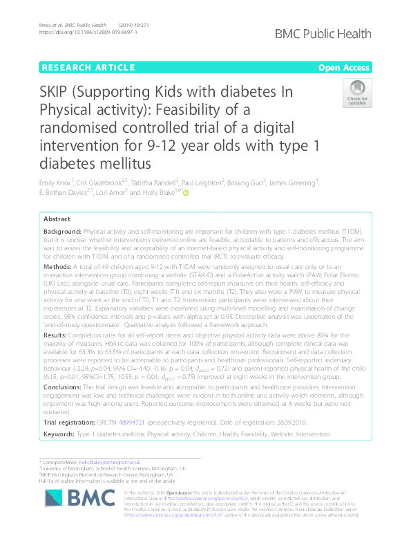 SKIP (Supporting Kids with diabetes In Physical activity): Feasibility of a randomised controlled trial of a digital intervention for 9-12 year olds with type 1 diabetes mellitus Thumbnail