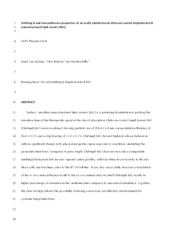 Antifungal and mucoadhesive properties of an orally administered chitosan-coated amphotericin B 1 nanostructured lipid carrier (NLC) Thumbnail
