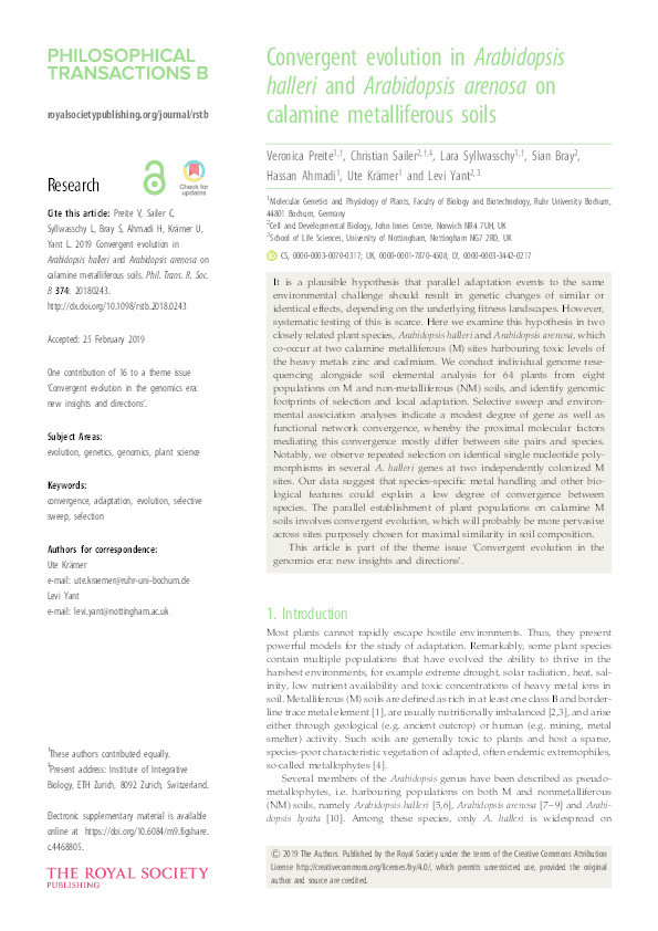 Convergent evolution in Arabidopsis halleri and Arabidopsis arenosa on calamine metalliferous soils Thumbnail