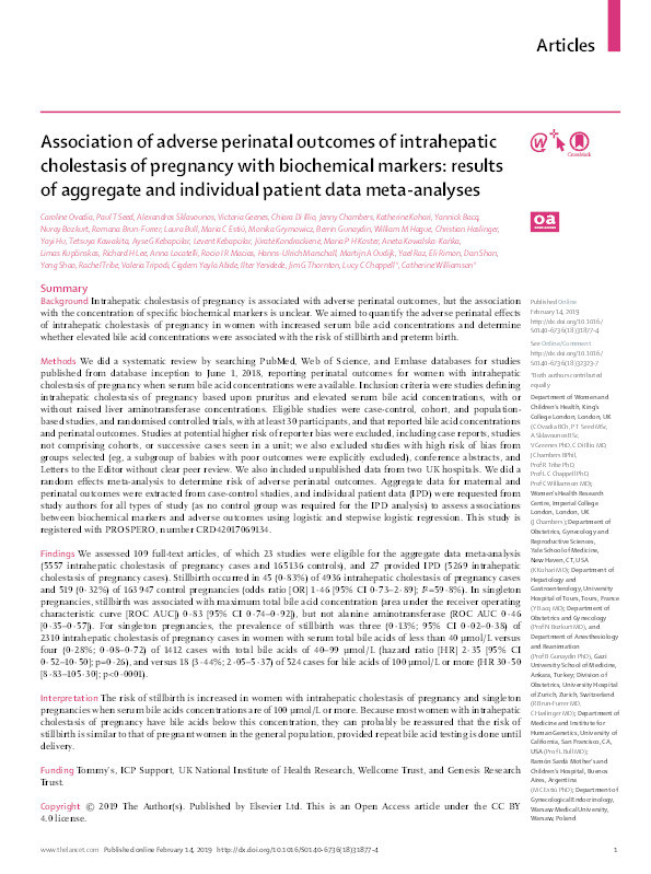Association of adverse perinatal outcomes of intrahepatic cholestasis of pregnancy with biochemical markers: results of aggregate and individual patient data meta-analyses Thumbnail