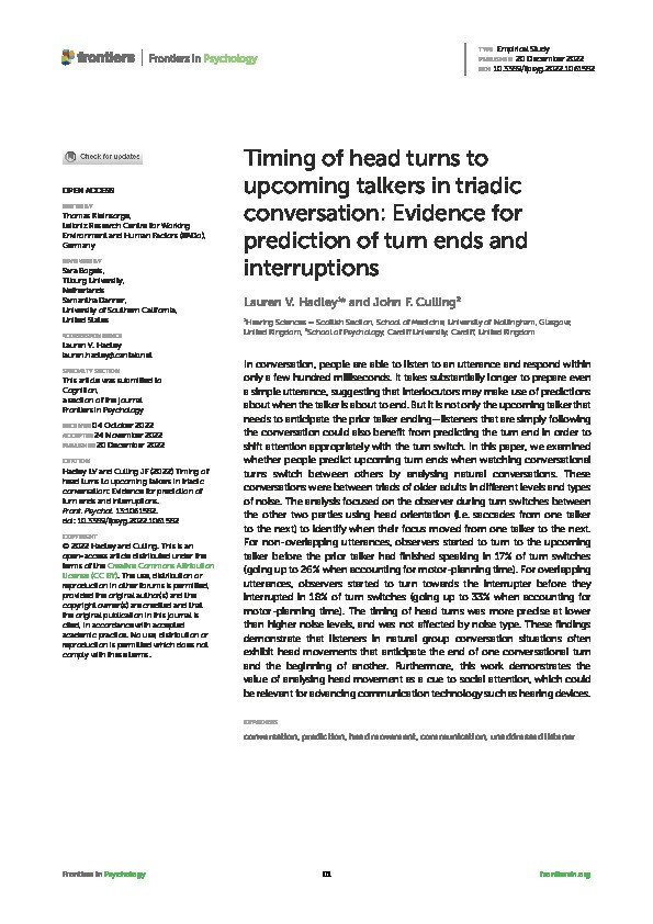 Timing of head turns to upcoming talkers in triadic conversation: Evidence for prediction of turn ends and interruptions Thumbnail