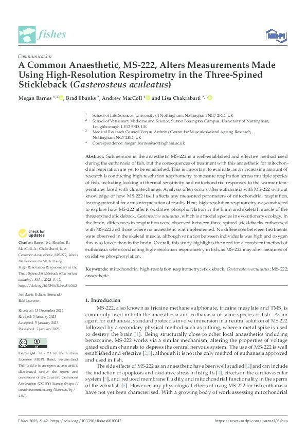 A Common Anaesthetic, MS-222, Alters Measurements Made Using High-Resolution Respirometry in the Three-Spined Stickleback (Gasterosteus aculeatus) Thumbnail
