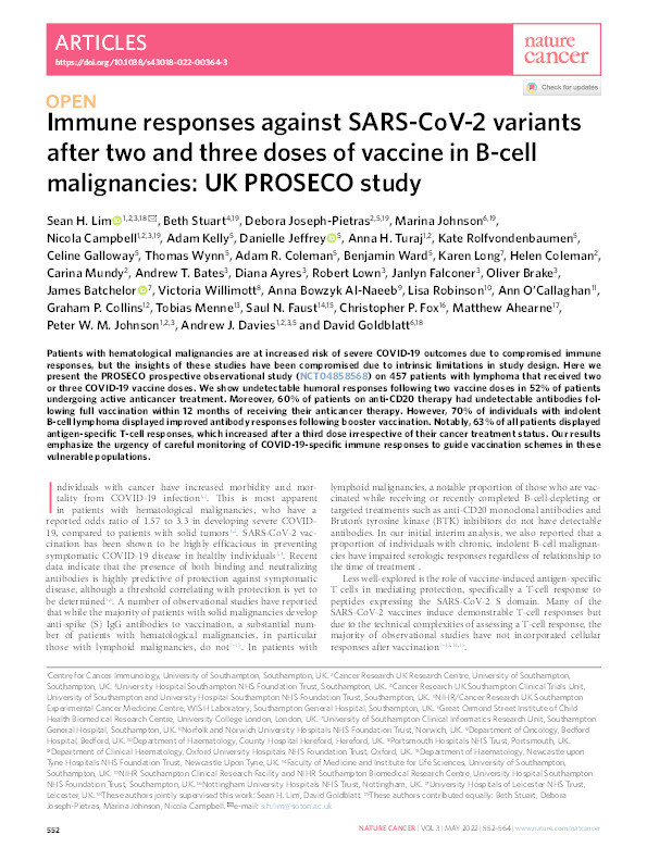 Immune responses against SARS-CoV-2 variants after two and three doses of vaccine in B-cell malignancies: UK PROSECO study. Thumbnail