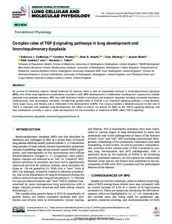 Complex roles of TGF-β signaling pathways in lung development and bronchopulmonary dysplasia Thumbnail