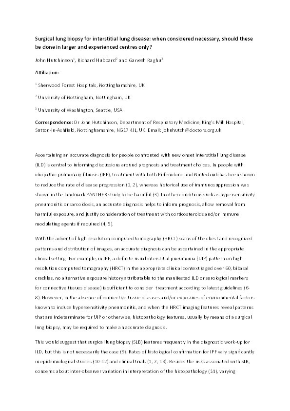 Surgical lung biopsy for interstitial lung disease: when considered necessary, should these be done in larger and experienced centres only? Thumbnail