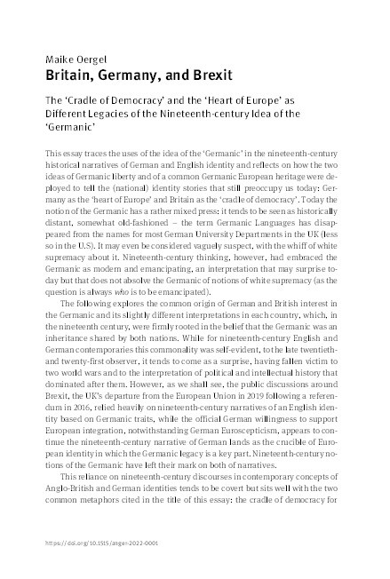 Britain, Germany, and Brexit: The ‘Cradle of Democracy’ and the ‘Heart of Europe’ as Different Legacies of the Nineteenth-century Idea of the ‘Germanic’ Thumbnail