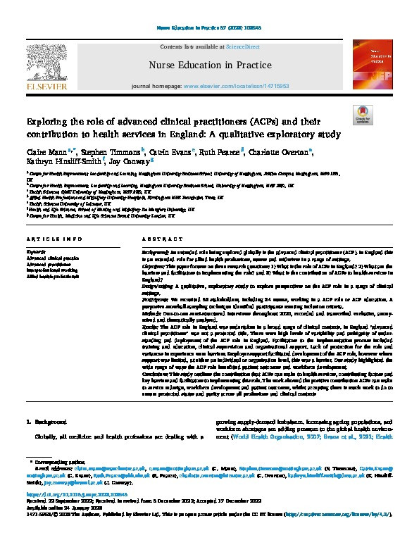 Exploring the role of advanced clinical practitioners (ACPs) and their contribution to health services in England: A qualitative exploratory study Thumbnail