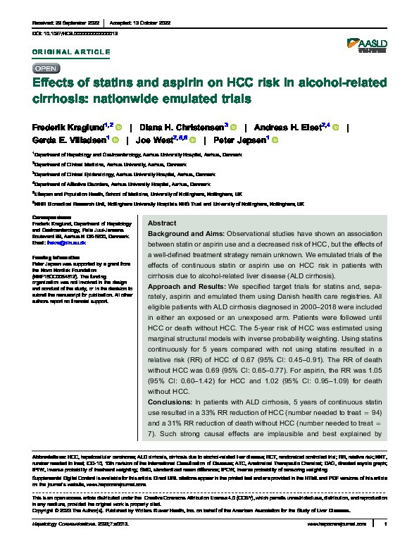 Effects of statins and aspirin on HCC risk in alcohol-related cirrhosis: nationwide emulated trials Thumbnail