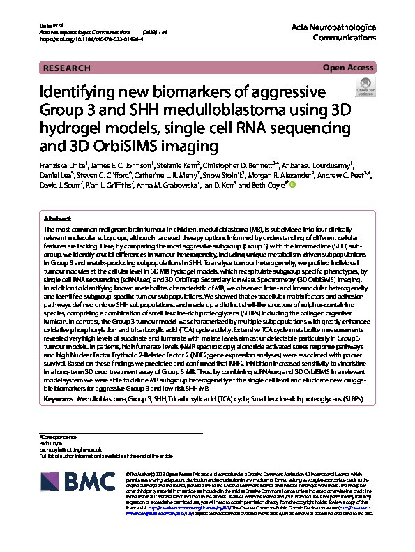 Identifying new biomarkers of aggressive Group 3 and SHH medulloblastoma using 3D hydrogel models, single cell RNA sequencing and 3D OrbiSIMS imaging Thumbnail