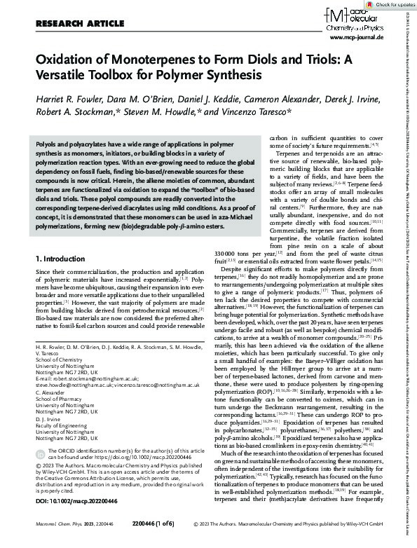 Oxidation of Monoterpenes to Form Diols and Triols: A Versatile Toolbox for Polymer Synthesis Thumbnail