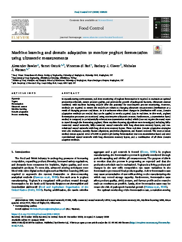 Machine learning and domain adaptation to monitor yoghurt fermentation using ultrasonic measurements Thumbnail