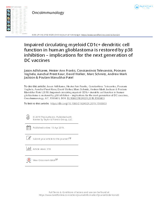 Impaired circulating myeloid CD1c+ dendritic cell function in human glioblastoma is restored by p38 inhibition - implications for the next generation of DC vaccines Thumbnail