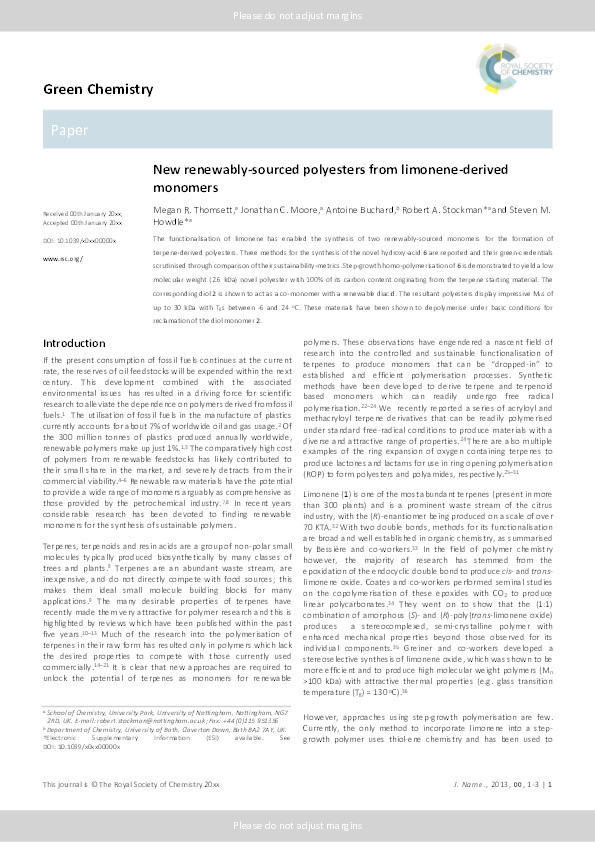 New renewably-sourced polyesters from limonene-derived monomers Thumbnail