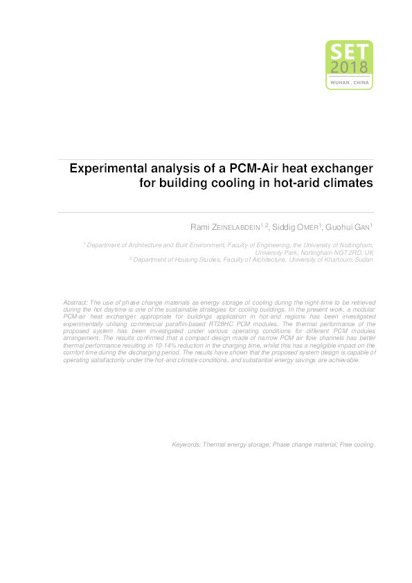 Experimental analysis of a PCM-Air heat exchanger for building cooling in hot-arid climates Thumbnail