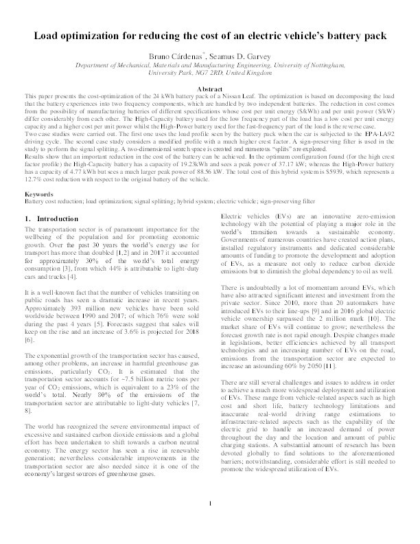 Load optimization for reducing the cost of an electric vehicle’s battery pack Thumbnail