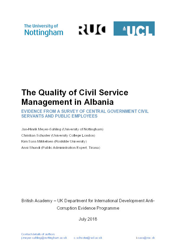 The quality of civil service management in Albania: evidence from a survey of central government civil servants and public employees Thumbnail