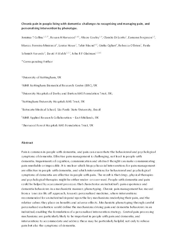 Chronic pain in people living with dementia: challenges to recognising and managing pain, and personalising intervention by phenotype Thumbnail