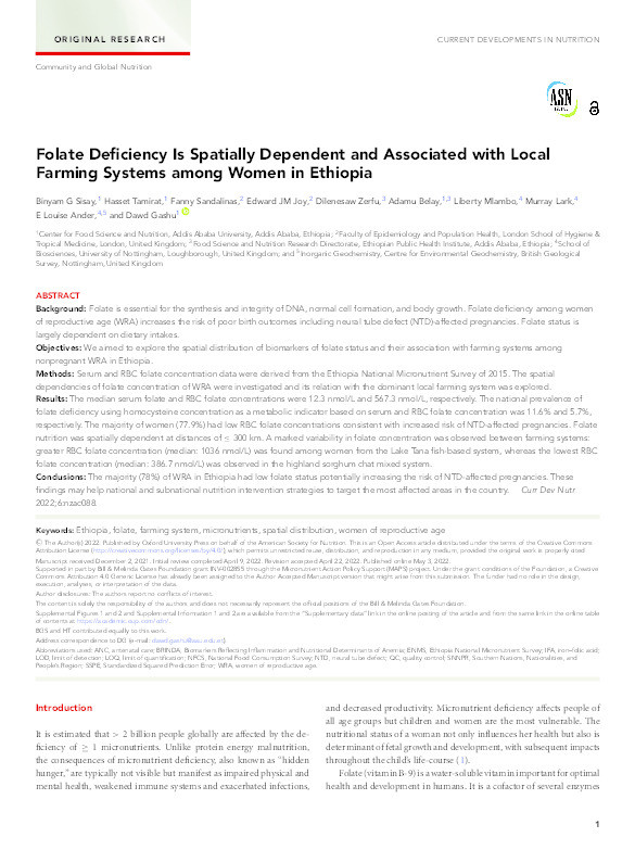 Folate Deficiency Is Spatially Dependent and Associated with Local Farming Systems among Women in Ethiopia Thumbnail