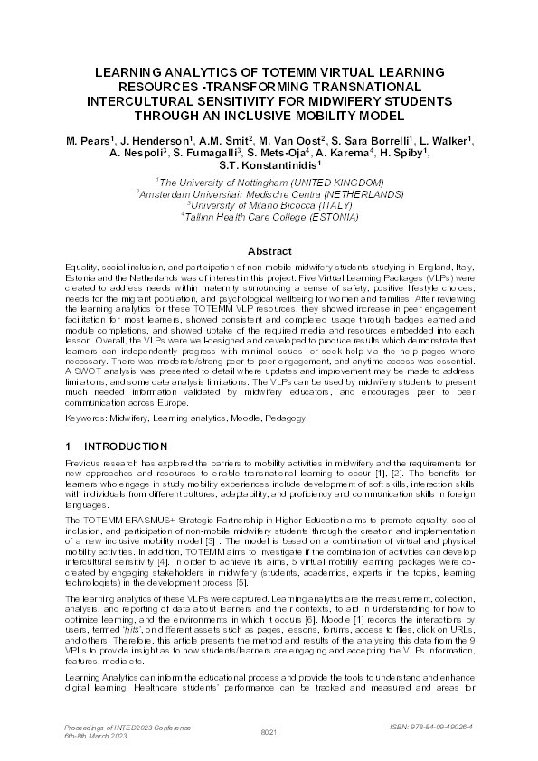 Learning analytics of TOTEMM virtual learning resources – transforming transnational intercultural sensitivity for midwifery students through an inclusive mobility model Thumbnail