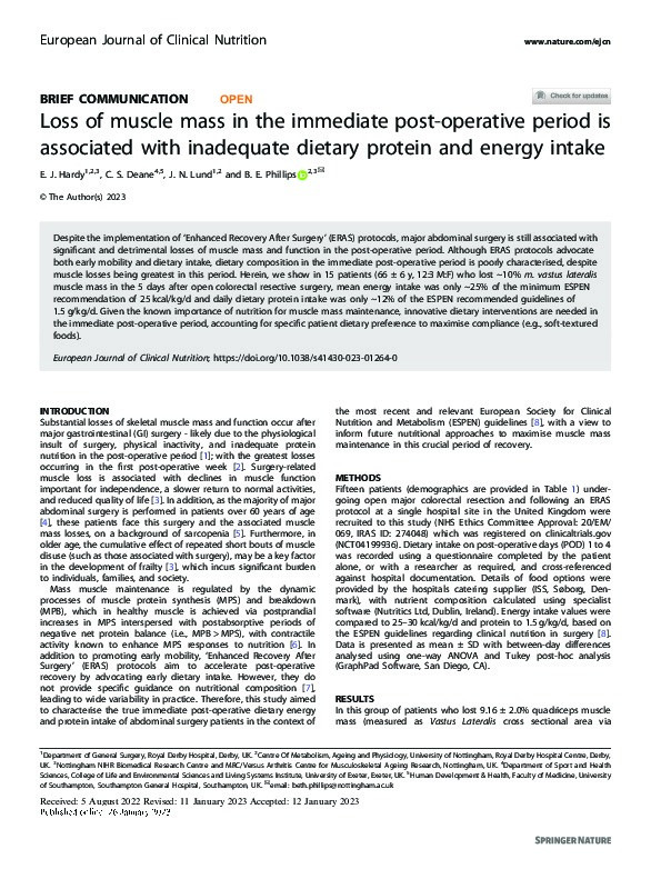 Loss of muscle mass in the immediate post-operative period is associated with inadequate dietary protein and energy intake Thumbnail