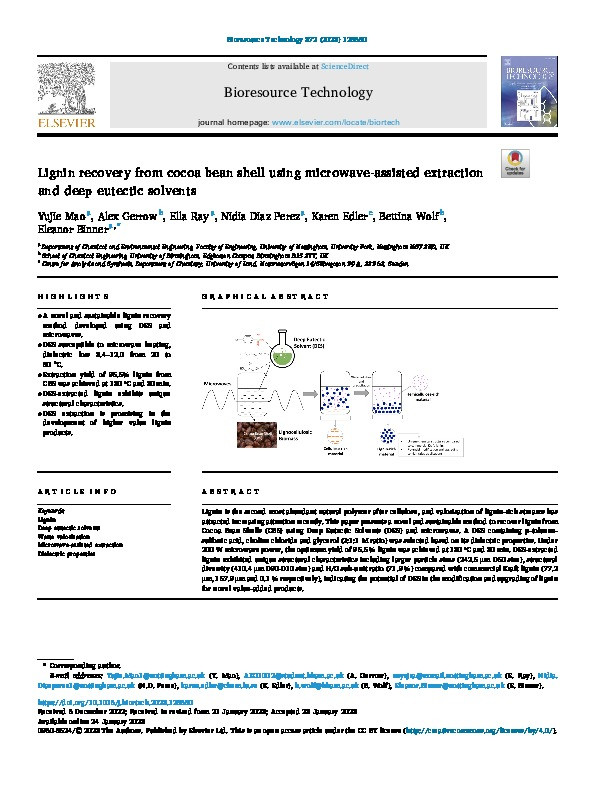 Lignin recovery from cocoa bean shell using microwave-assisted extraction and deep eutectic solvents Thumbnail