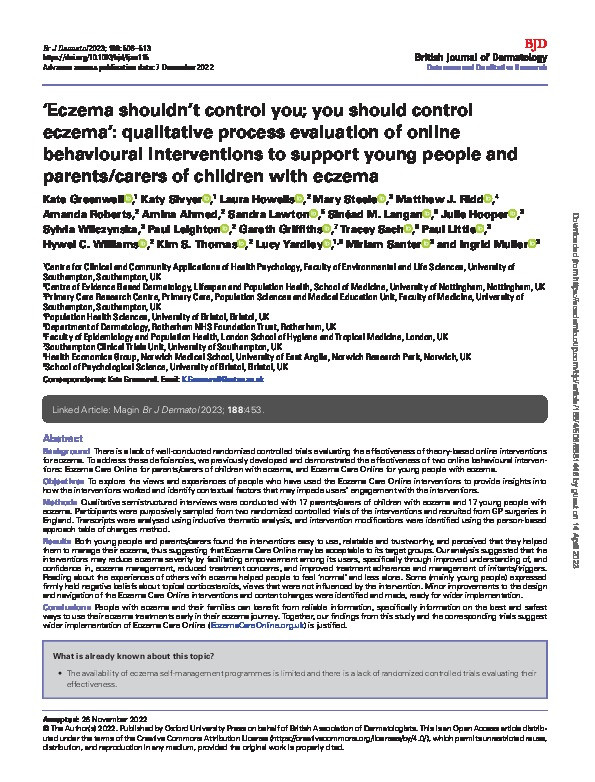 'Eczema shouldn't control you; you should control eczema': qualitative process evaluation of online behavioural interventions to support young people and parents/carers of children with eczema Thumbnail