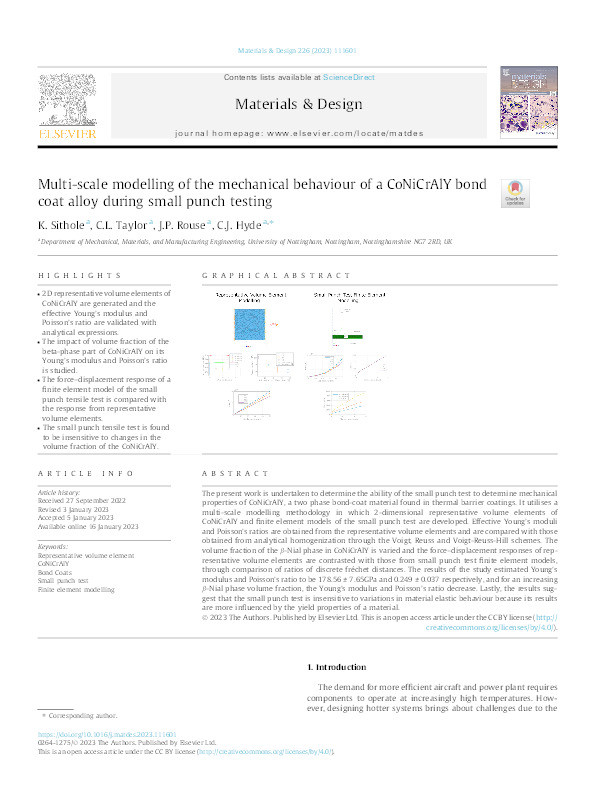 Multi-scale modelling of the mechanical behaviour of a CoNiCrAlY bond coat alloy during small punch testing Thumbnail