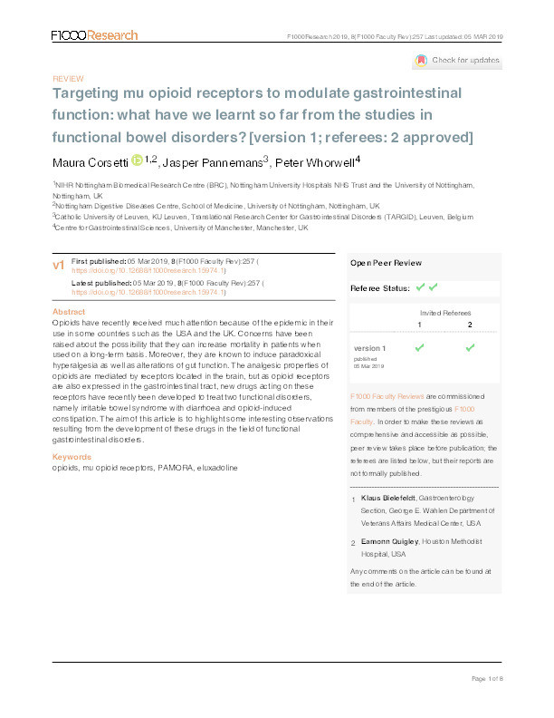 Targeting mu opioid receptors to modulate gastrointestinal function: what have we learnt so far from the studies in functional bowel disorders? Thumbnail