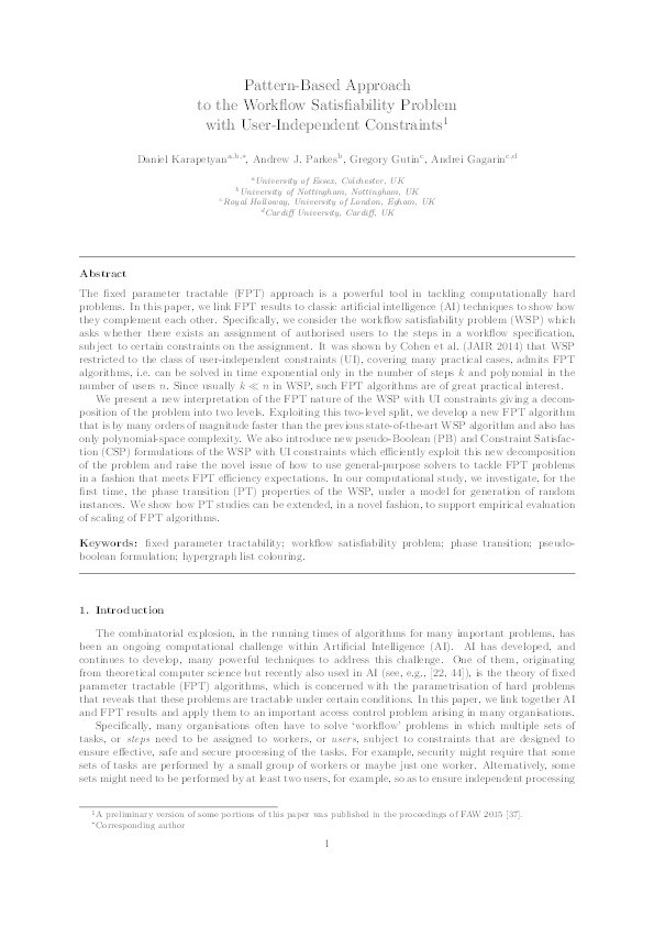 Pattern-Based Approach to the Workflow Satisfiability Problem with User-Independent Constraints Thumbnail