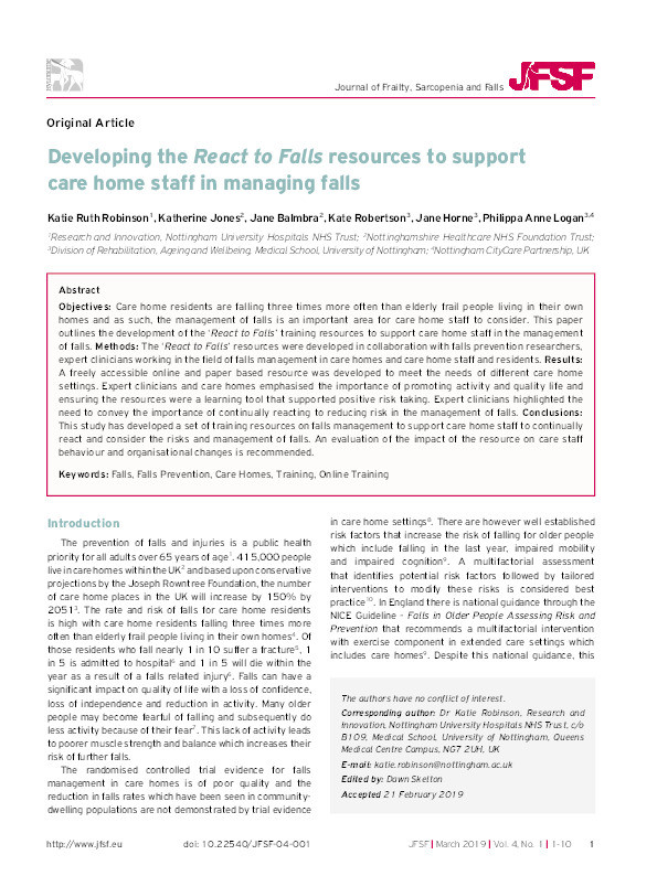 Developing the React to Falls resources to support care home staff in managing falls Thumbnail