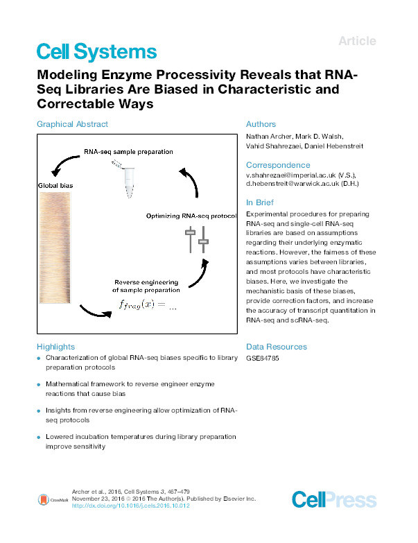 Modeling Enzyme Processivity Reveals that RNA-Seq Libraries Are Biased in Characteristic and Correctable Ways Thumbnail