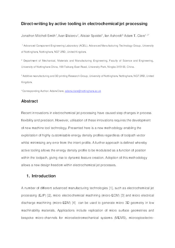 Direct-writing by active tooling in electrochemical jet processing Thumbnail