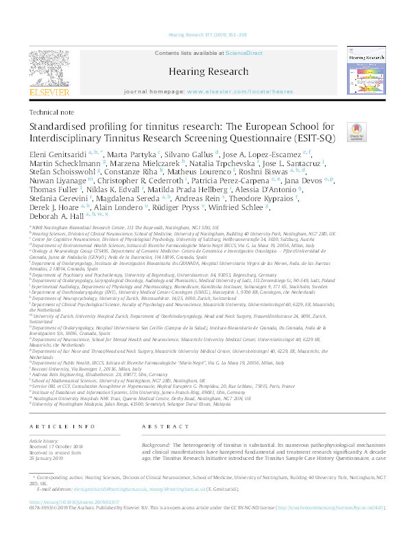 Standardised profiling for tinnitus research: the European School for Interdisciplinary Tinnitus Research Screening Questionnaire (ESIT-SQ) Thumbnail