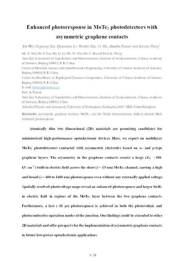 Enhanced photoresponse in MoTe2 photodetectors with asymmetric graphene contacts Thumbnail