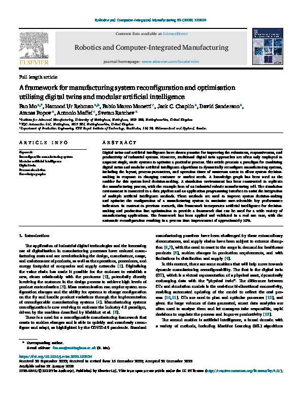 A framework for manufacturing system reconfiguration and optimisation utilising digital twins and modular artificial intelligence Thumbnail