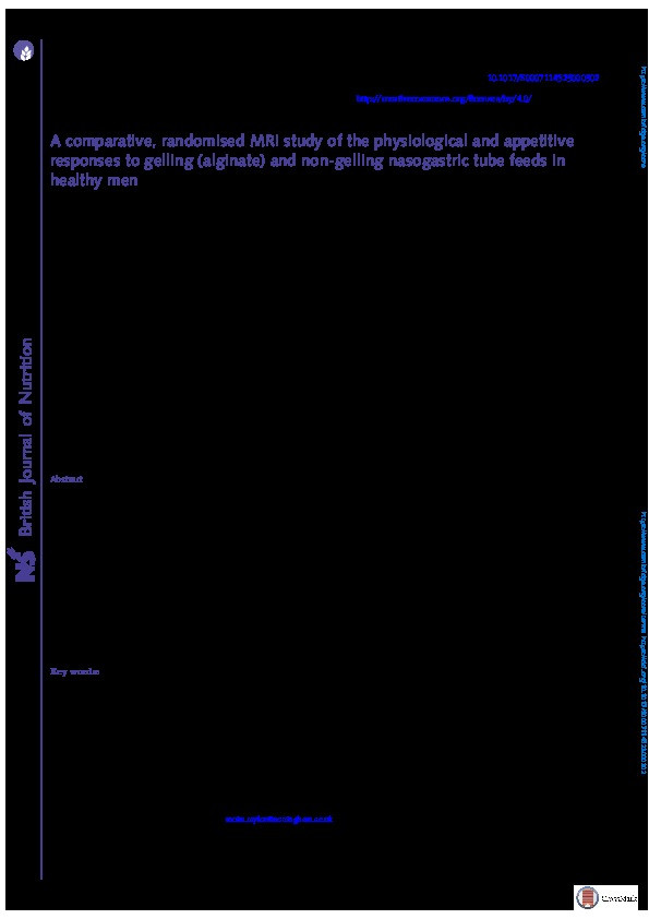 A comparative, randomised MRI study of the physiological and appetitive responses to gelling (alginate) and non-gelling nasogastric tube feeds in healthy men Thumbnail