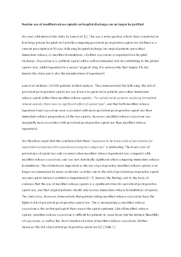 Routine use of modified‐release opioids on hospital discharge can no longer be justified Thumbnail