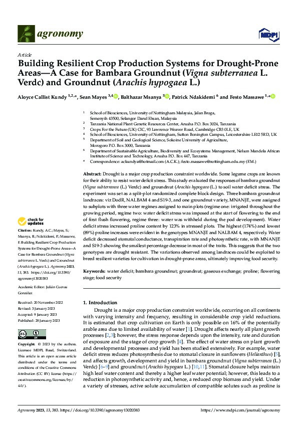 Building Resilient Crop Production Systems for Drought-Prone Areas—A Case for Bambara Groundnut (Vigna subterranea L. Verdc) and Groundnut (Arachis hypogaea L.) Thumbnail