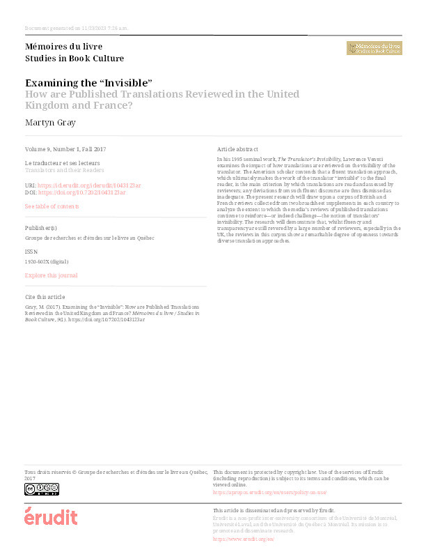 Examining the 'Invisible': How are Published Translations Reviewed in the United Kingdom and France? Thumbnail