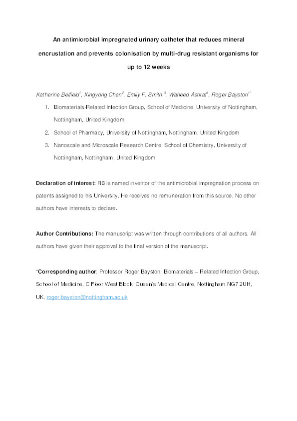 An antimicrobial impregnated urinary catheter that reduces mineral encrustation and prevents colonisation by multi-drug resistant organisms for up to 12  weeks Thumbnail