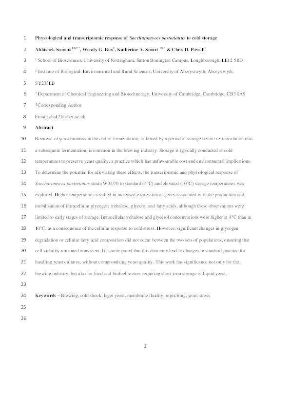 Physiological and transcriptomic response of Saccharomyces pastorianus to cold storage Thumbnail