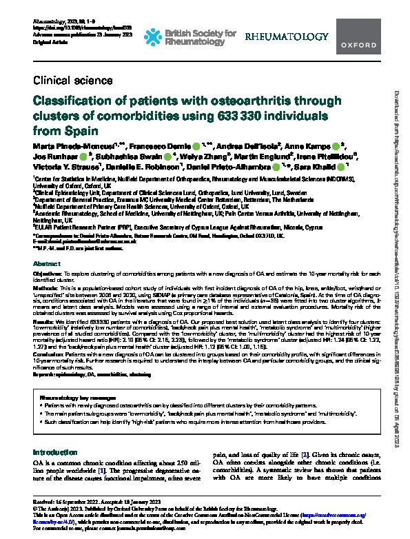 Classification of patients with osteoarthritis through clusters of comorbidities using 633 330 individuals from Spain Thumbnail