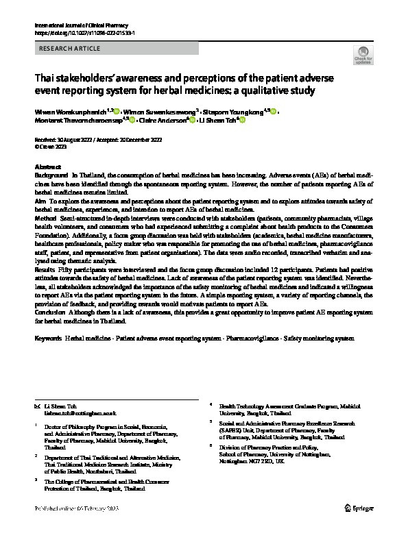 Thai stakeholders’ awareness and perceptions of the patient adverse event reporting system for herbal medicines: a qualitative study Thumbnail