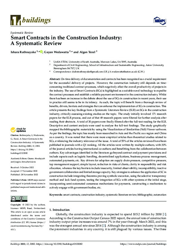 Smart Contracts in the Construction Industry: A Systematic Review Thumbnail