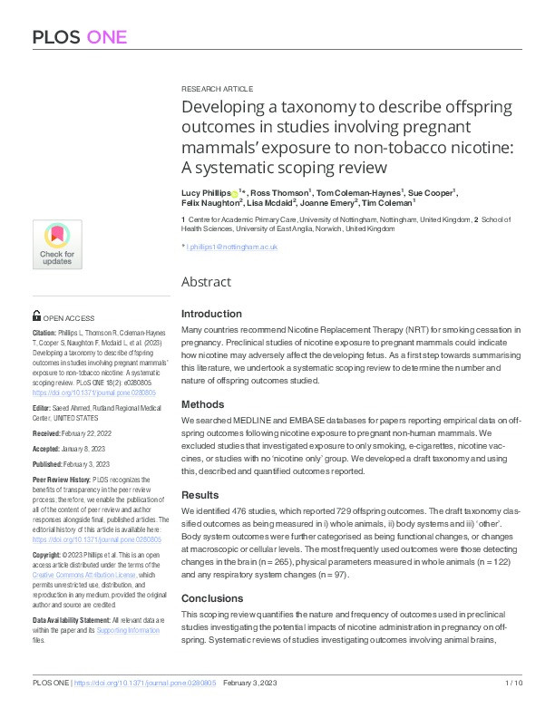 Developing a taxonomy to describe offspring outcomes in studies involving pregnant mammals’ exposure to non-tobacco nicotine: A systematic scoping review Thumbnail